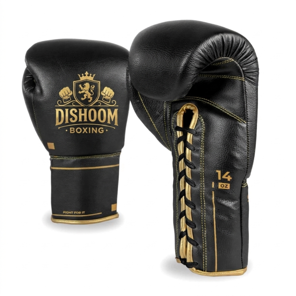 Dishoom Boxing Premium 14oz Lace-Up Leather Boxing Gloves – Black & Gold Pro Edition