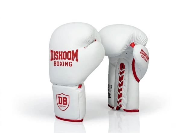 Premium White Lace-Up Boxing Gloves - Pro Style with Red Accents