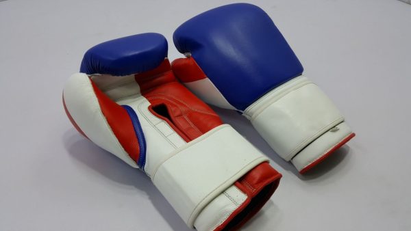 Dishoom Premium Tricolor Leather Boxing Gloves – Blue, Red & White Sparring & Training Gloves
